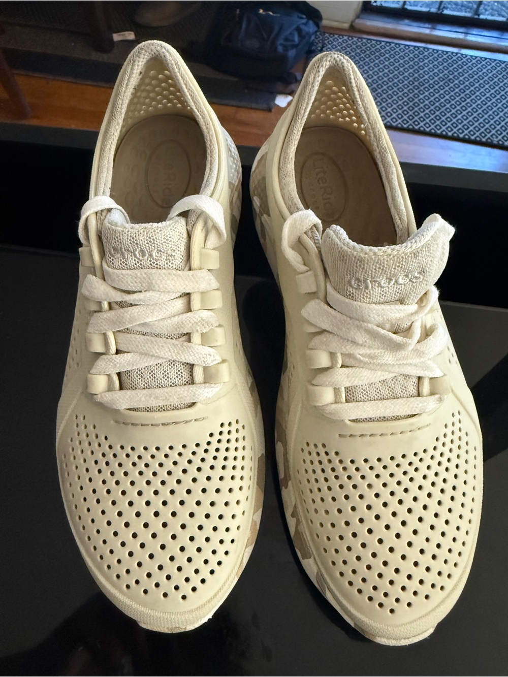 CROCS Lace-Up Knit Sneakers in Cream